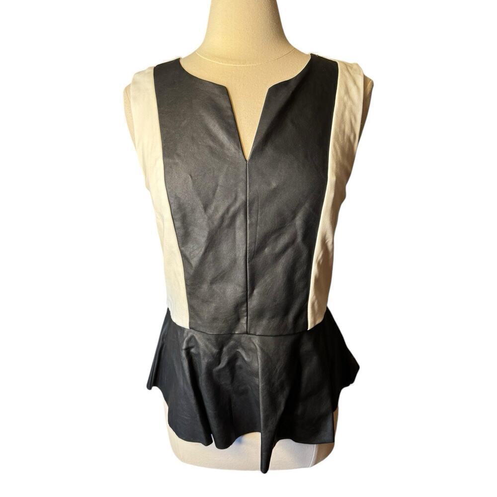 Saks Fifth Avenue Faux Leather Peplum Vest Top Size Large TINY FLAW Black White